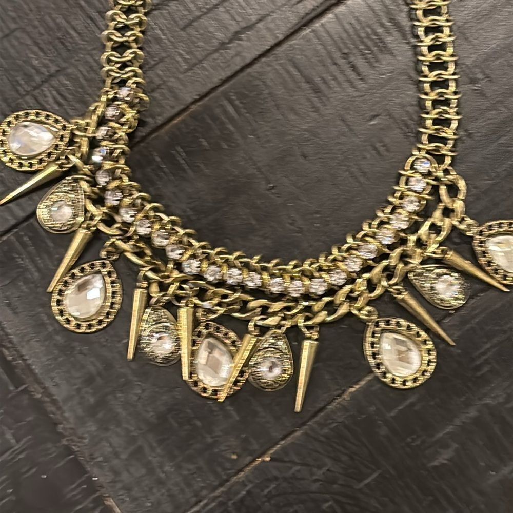 NWT Antique Gold Tone Crystal Teardrop and Spike Necklace Boho Unique - Picture 3 of 7